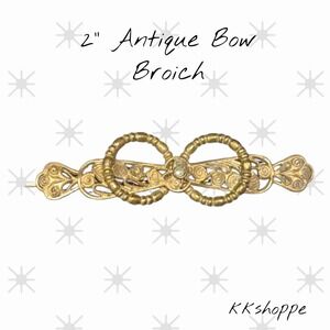 Antique Gold Tone Filigree Bow Brooch Pin • 2" Elegant Scroll‎ Detail